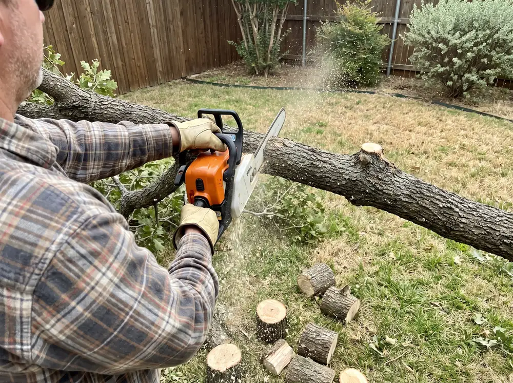 Professional oak tree trimming in progress at a DFW backyard by Ram Tree Service