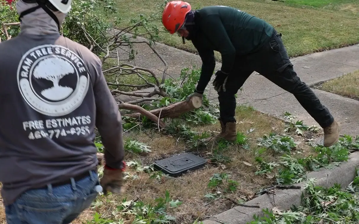 Ram Tree Service crew cutting and stacking fallen storm branches curbside at a DFW home