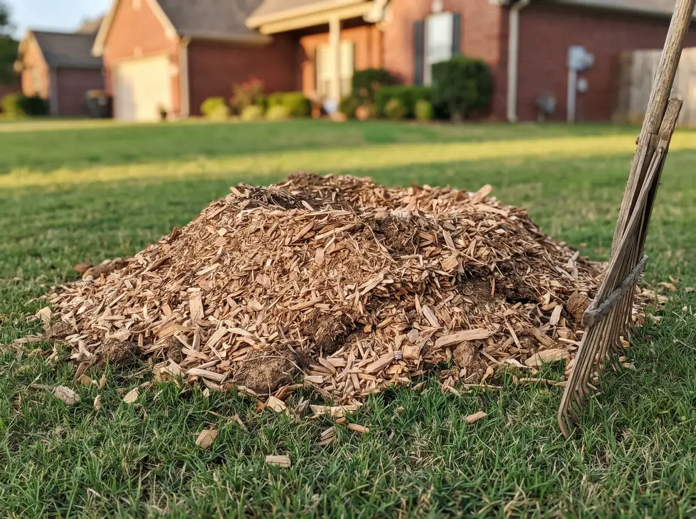 Freshly ground tree stump below grade with wood chips in a Grand Prairie TX lawn